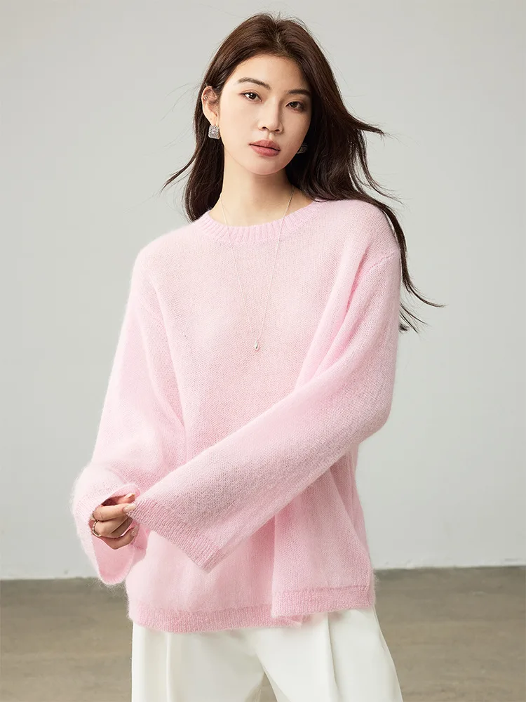 Birdtree 68.6% Wool Knited White Pink Sweater,Woman Wool Blend O-neck Full Sleeve 2025 Autumn Warmth Bottom Pullover T59413JF