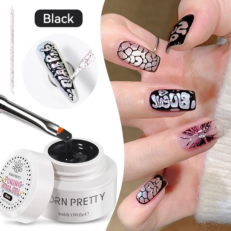 BORN PRETTY 5ml Poking Nail Gel Polish Black White Lace Hollow Bubble Ocean Wave Texture Need Poke Base Gel Nail Painting Art