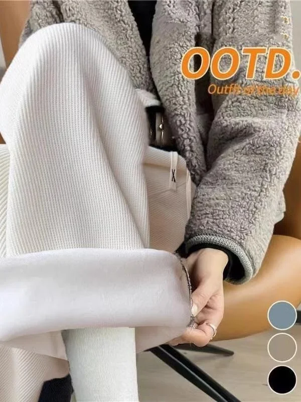 Damskie spodnie z szerokimi nogawkami z aksamitu jagnięcego, ocieplane, z podszewką z polaru, sportowe, proste, bawełniane, z wysokim stanem, długość 7/8, idealne na zimę.