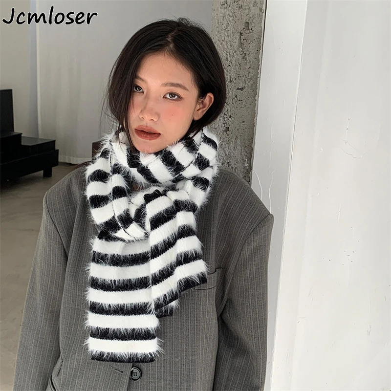 Luxury Brand Winter Scarf Women Faux Fur Warm striped Foulard 2022 Female Scarves Wraps Thick Soft Bufanda Shawl Long Stole