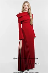 Giyu Elegant Red Evening Dreses Dubai Arabic Women Long Sleeves Pleats Soft Satin Split Prom Gowns Formal Occasion Dress