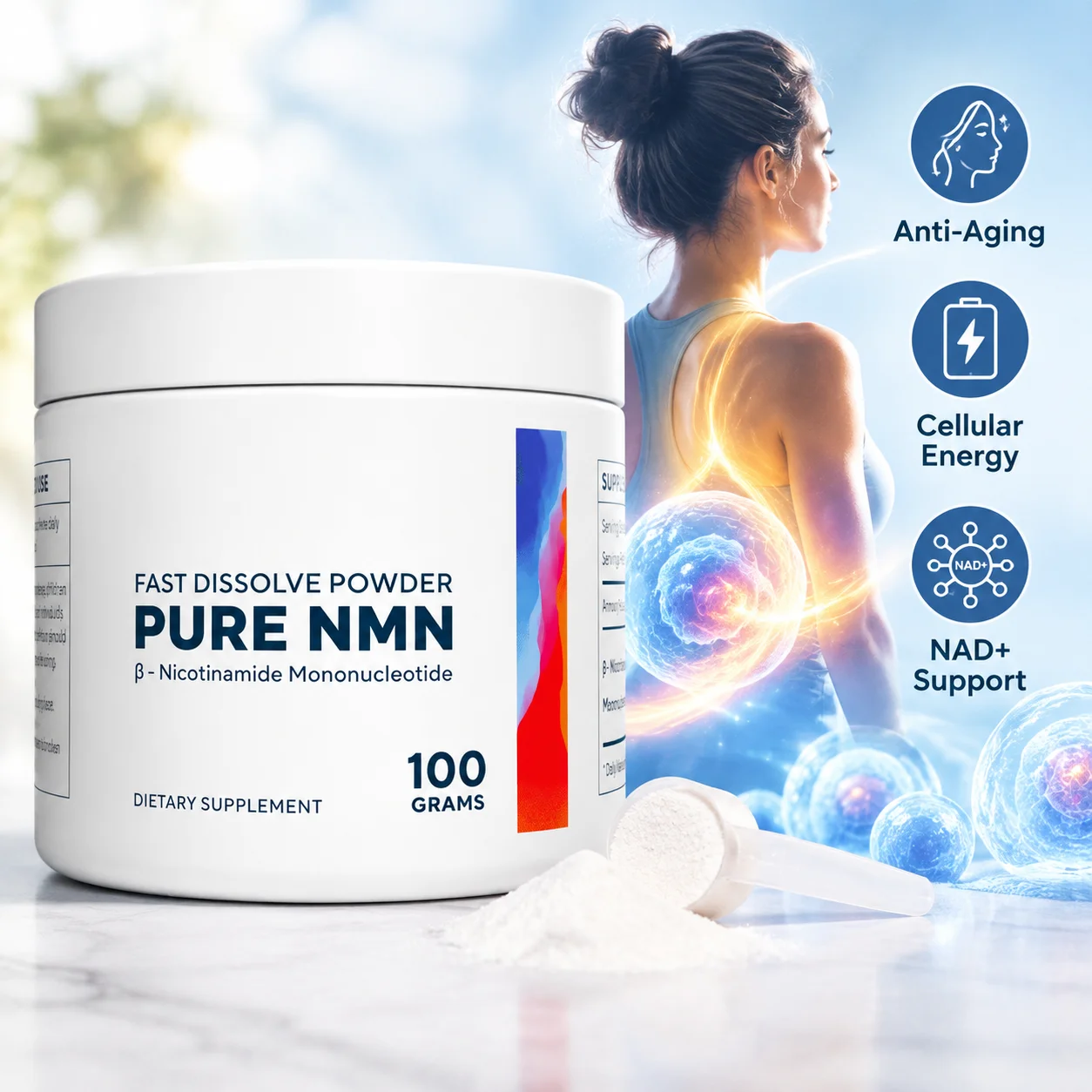 NMN Powder 100g 500mg for Anti-Aging, Cellular Energy & NAD+ Support, Fast Dissolve, Nicotinamide Mononucleotide, 200 Servings