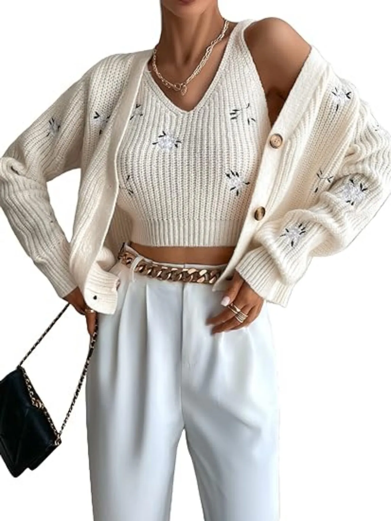 

Women's 2 Piece Knit Outfit Floral Embroidered Cropped Tank Top & V Neck Cardigan for Spring Daily Casual Wear