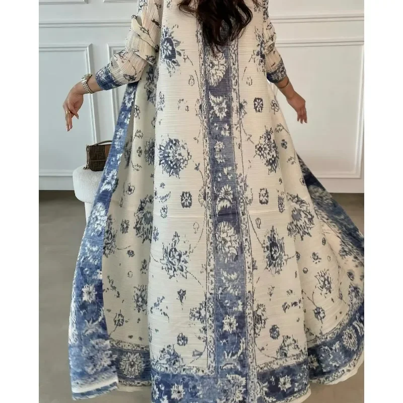Fashion Saudi Women\'s Long Gown White Premium Printed Temperament Elegant Pleated Abaya Casual Peplum Holiday Dress Jacket