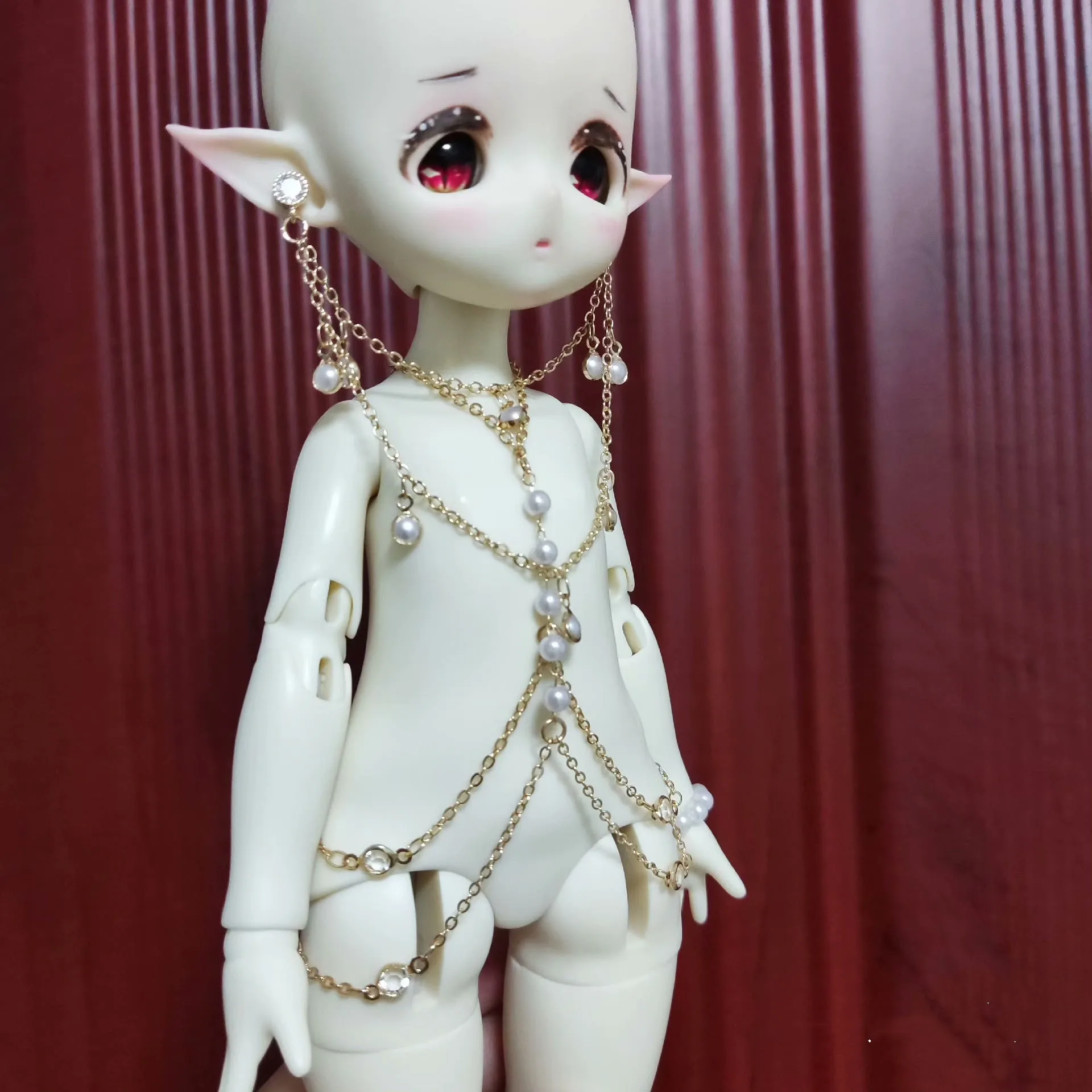 1/6 BJD Doll Crystal Imitation Pearl European Style Body Chain, Exotic Style Pure Copper Accessory Chest Chain Earrings Decorati