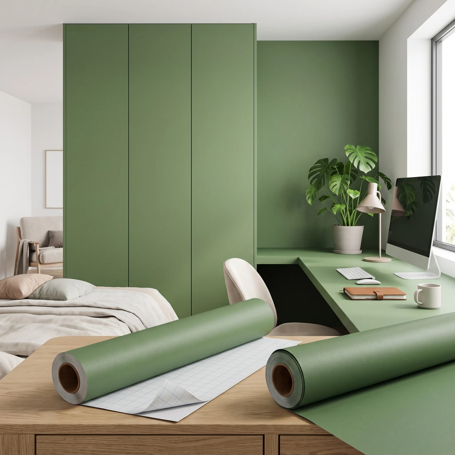 55cm Green Matt Self-Adhesive Film Sticker Thickened Protection for DIY Kitchen Cupboards Tables Wall Renovation Furniture