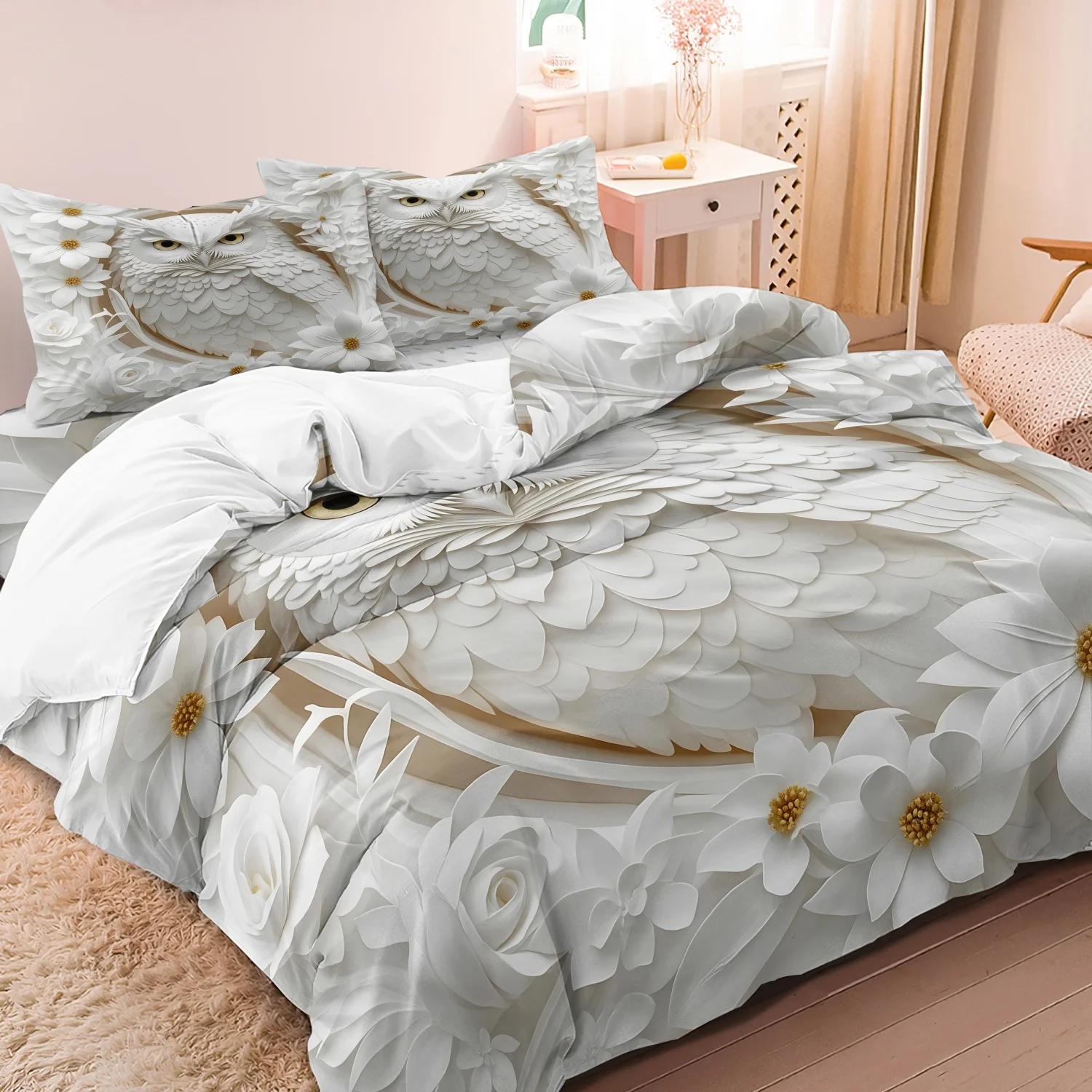 3pcs White Owl Print Duvet Cover Set, King Queen Style Bedding, Bedroom Guest Room, Birthday Gift(1 Duvet Cover  2 Pillowcases)