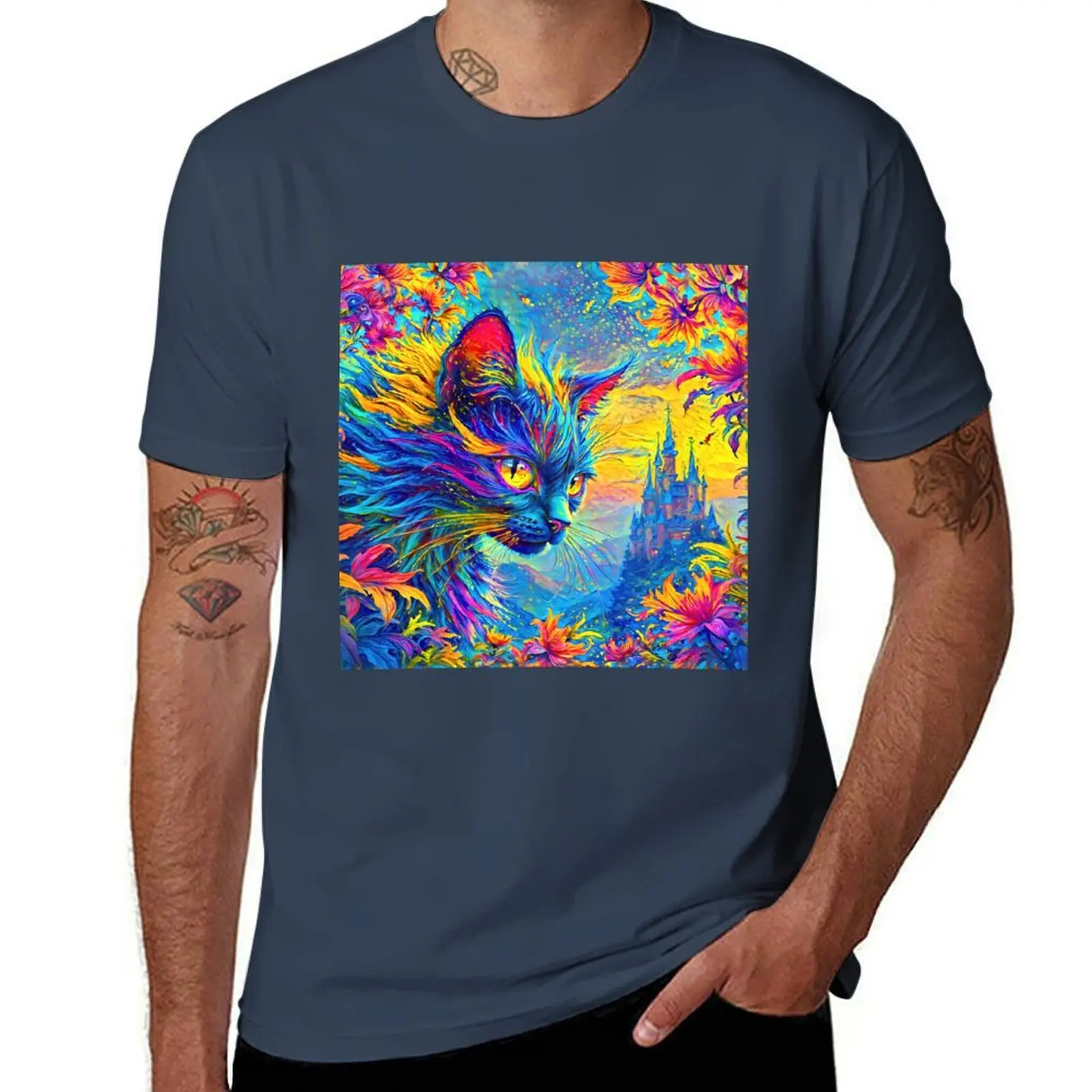 Enchanted Cat, Castle, and Rainbow Hues T-Shirt tshirts personalised quick drying shirts men