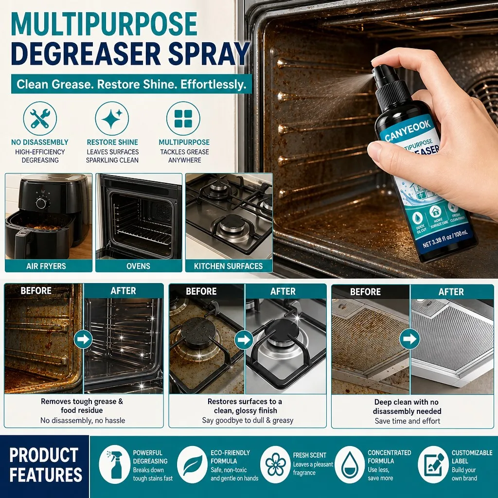 CANYEOOK Multi-Purpose Degreaser Spray 100ml No-Disassembly Kitchen Oil Stain Remover for Oven Air Fryer Fast Clean