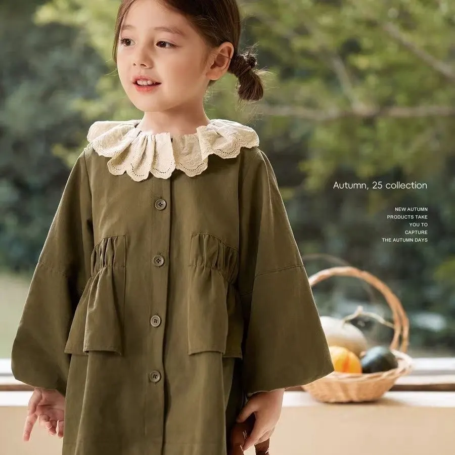 Girls Solid Color Trench Coat Spring Fall New Kids Doll Collar Lapel Jacket Baby Sweet Fashion Outerwear Children Casual Top