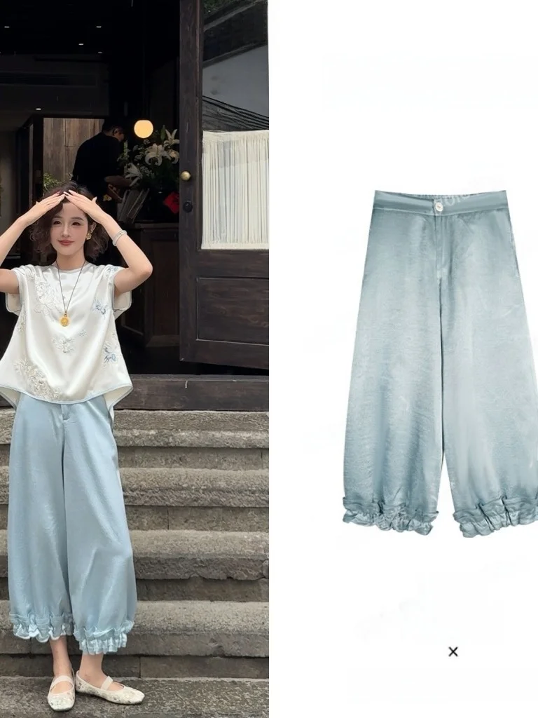

Acetate Lace Lantern Trim Nine-Piece Pants High Waist Button Closure Wide Leg Casual Pants New Chinese Sle Women's Faion