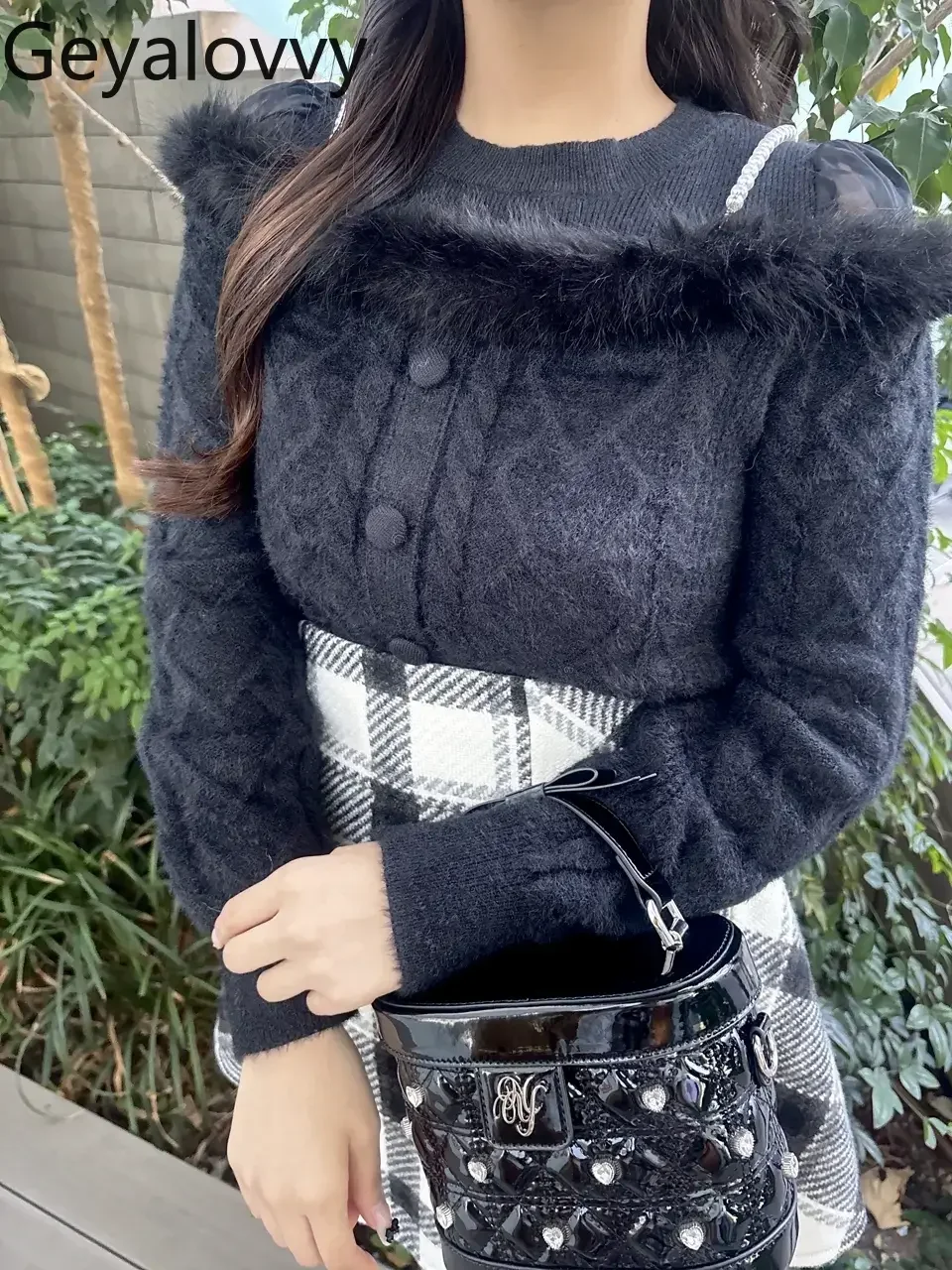 

Autumn Winter New Off-Shoulder Plush Collar Knitted Sweater Gentle Style Japanese Sweet Girl Versatile Short Slim Cardigan