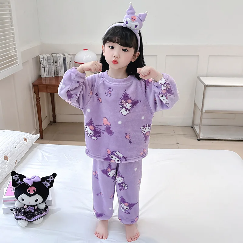 Sanrio Kuromi Anime Cartoon Cute Children's Long Sleeve Pajamas Set Kawaii Velvet Thickened Warm Home Clothes Gift Wholesale