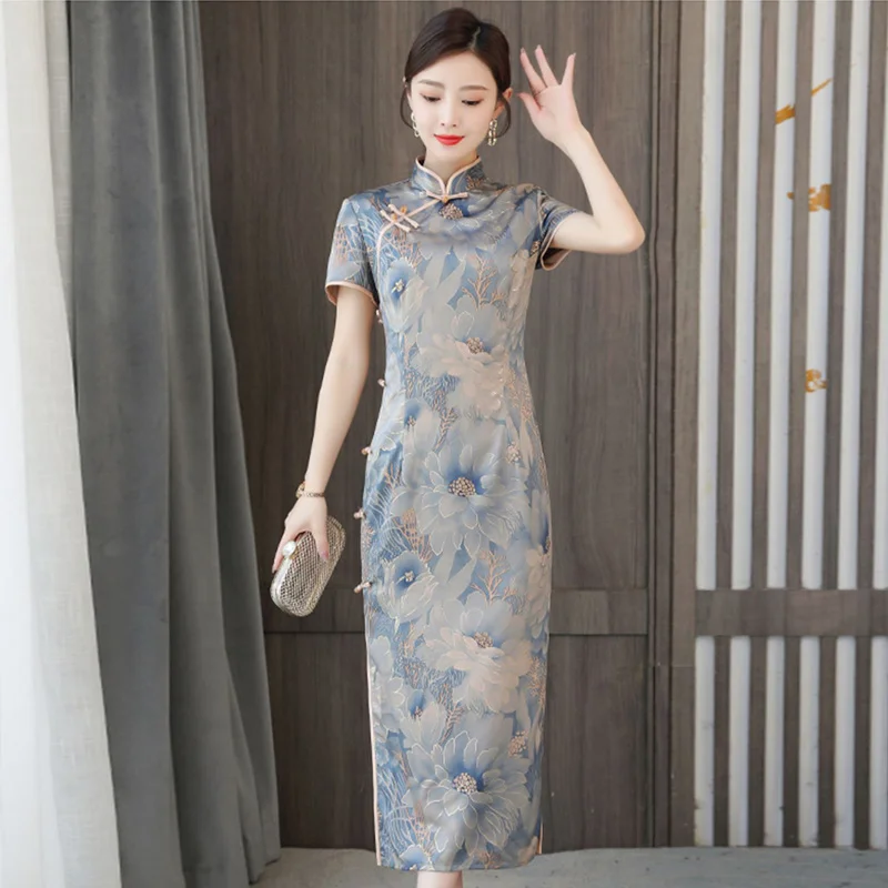 

Old Shanghai Summer New Cheongsam Women Chinese Style Vintage Elegant Modern Dress Short Sleeve Elegant Female Slim Long Qipao
