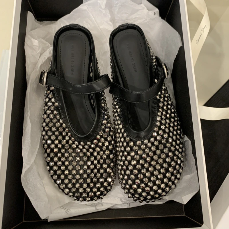 

Роскошные шлепанцы на плоской подошве со стразами, туфли-лодочки, женские дышащие сандалии с сеткой, женские дизайнерские брендовые тапочки с круглым носком, женские тапочки