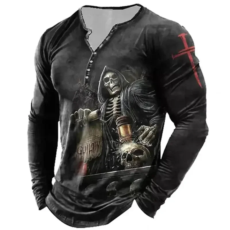 Retro Autumn Men\'s T-shirt Horror Skull Pattern Button T-shirt 3D Printing Long Sleeve V-neck T-shirt Oversized Men\'s Clothing