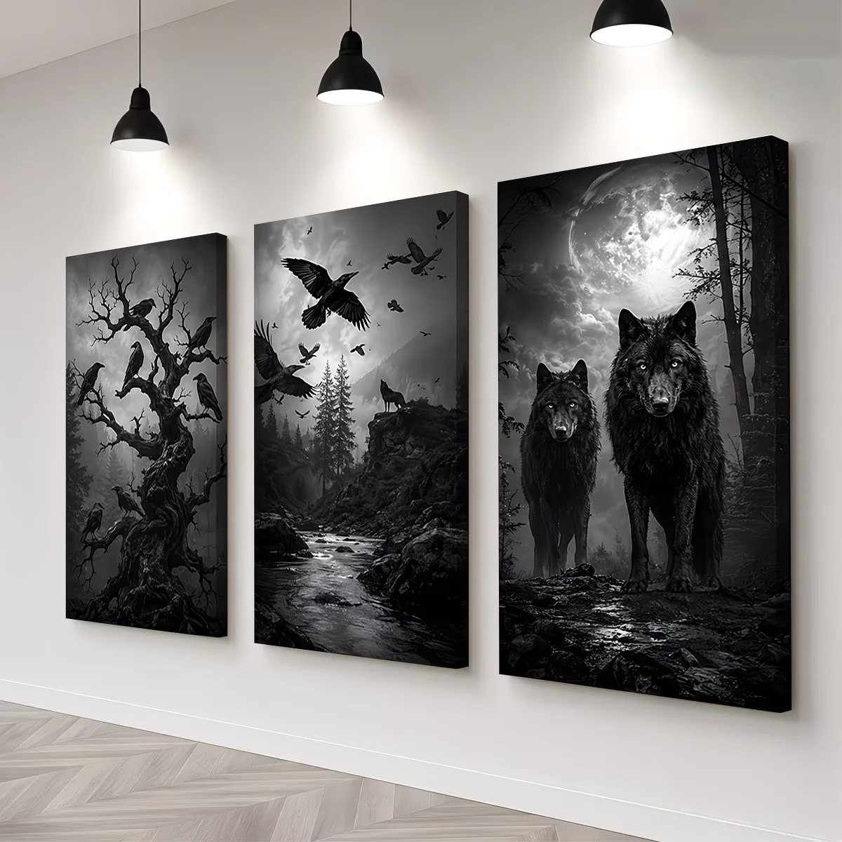 3Pcs DIY Diamond Painting Crows,Wolf Group,Moonlight Mosaic Cross Stitch Full Diamond Art Embroidery Handmade Large Size Living