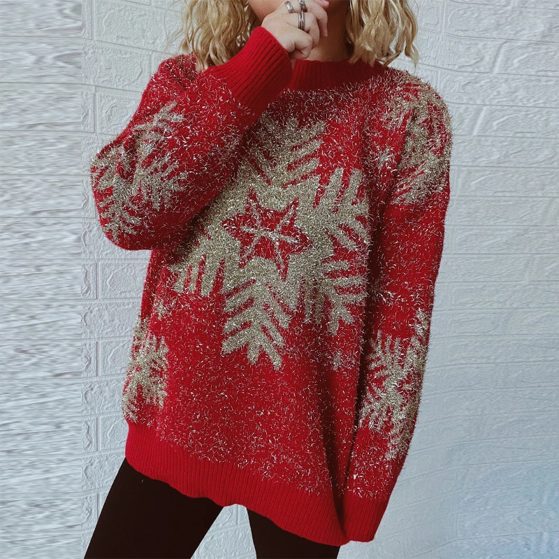 New Year Holiday Pullover Sweater with Gold Thread Brushed Jacquard Big Snowflakes Reindeer Christmas Sweater for Women