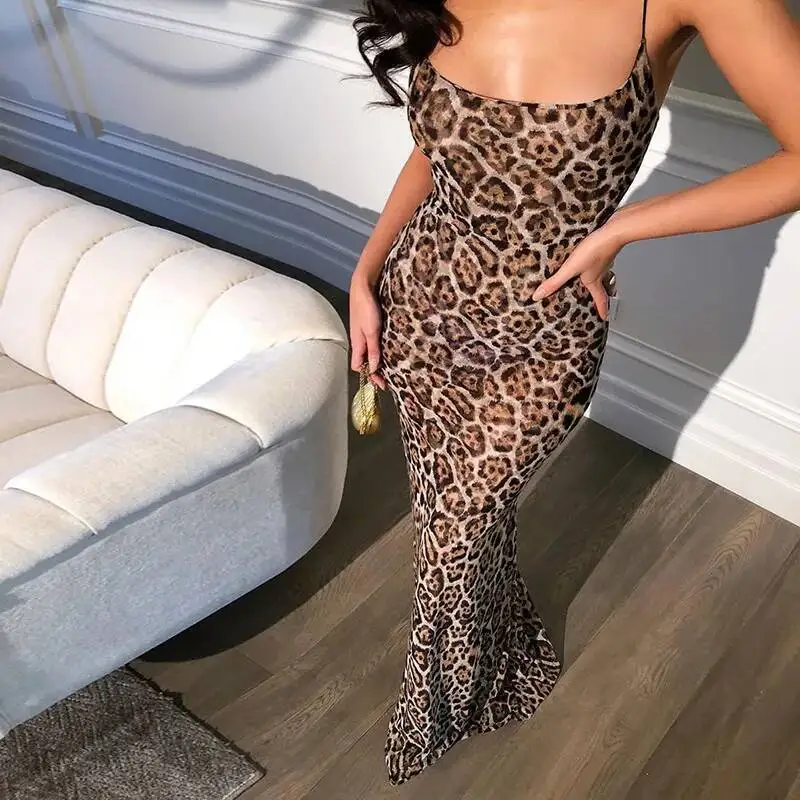 

New Women's 2025 Summer Leopard Print Strap Beach Maxi Dress Spring Retro Harajuku Silk 2025 Summer Dress Robe Vestido Women