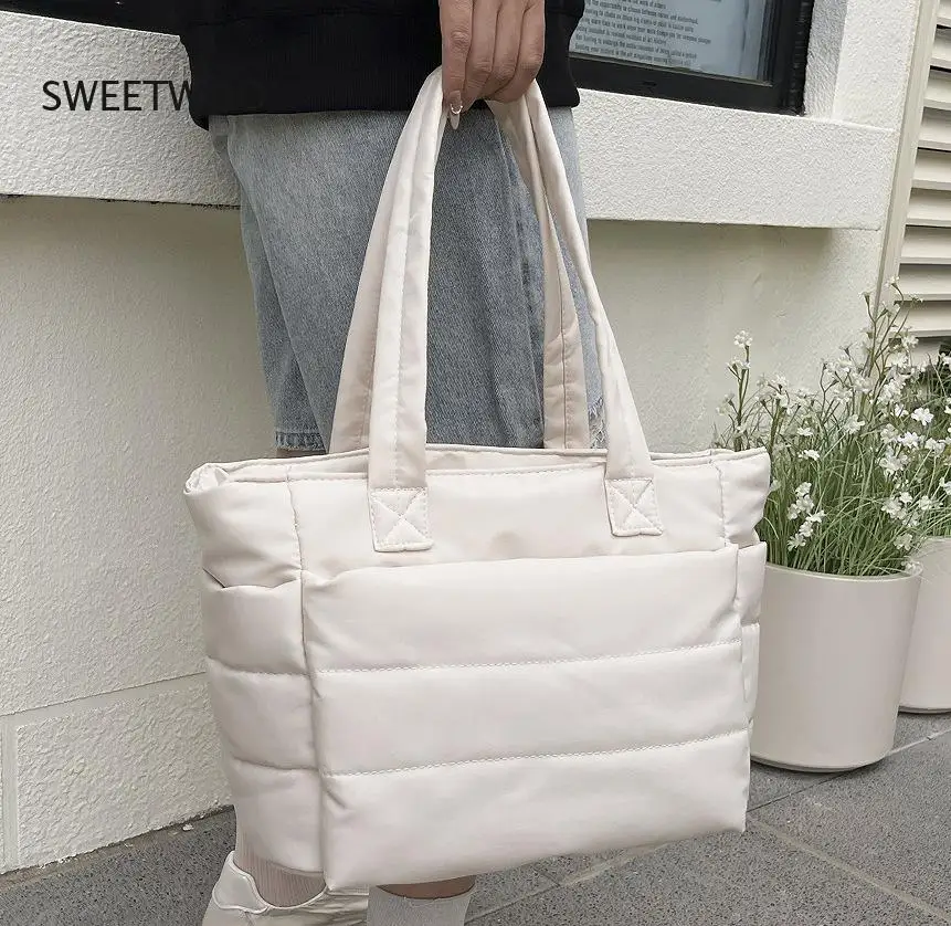 Womens Pink Quilted Tote Bag Large Capacity Puffer Shoulder Bag Casual Daily Handbag - view 5