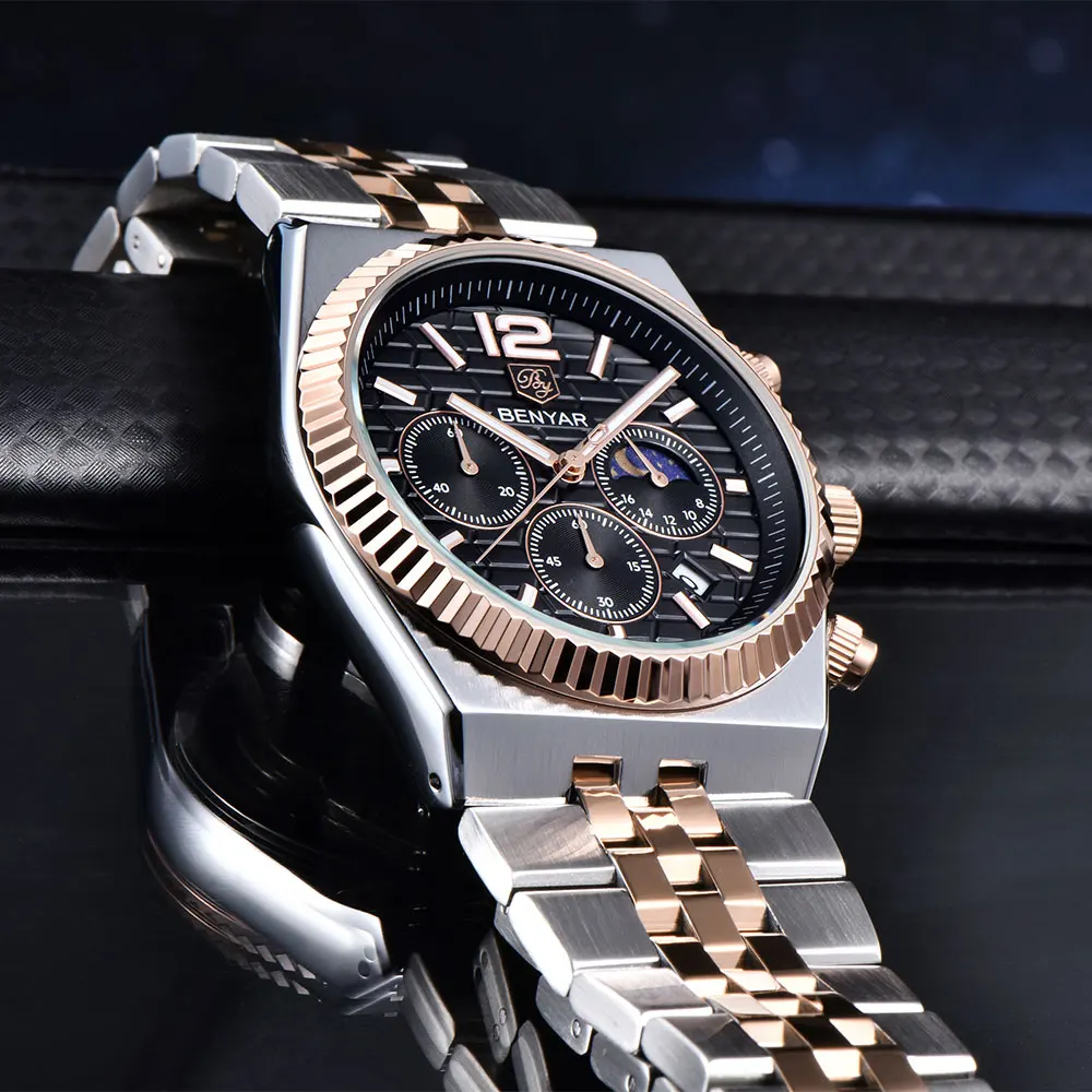 BENYAR Chronograph 40mm Men's Watch Stainless Steel Waterproof Quartz Wristwatches Top Brand Sapphire Glass Gift Watches for Men