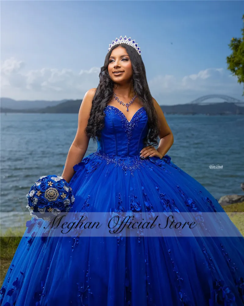 México Royal Blue Sweetheart Vestido Quinceanera 2025 Bead 3D Flower Corset Prom Dress Vestido de Baile Doce 16 15 Robe De Customized