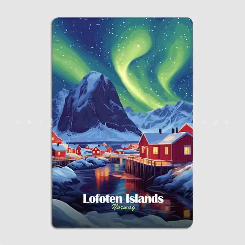 Night Travel Lofoten Islands Aurora Borealis Metal Sign Poster Indoor and Outdoor Room Decor Custom Tin Vintage Home Wall Decor