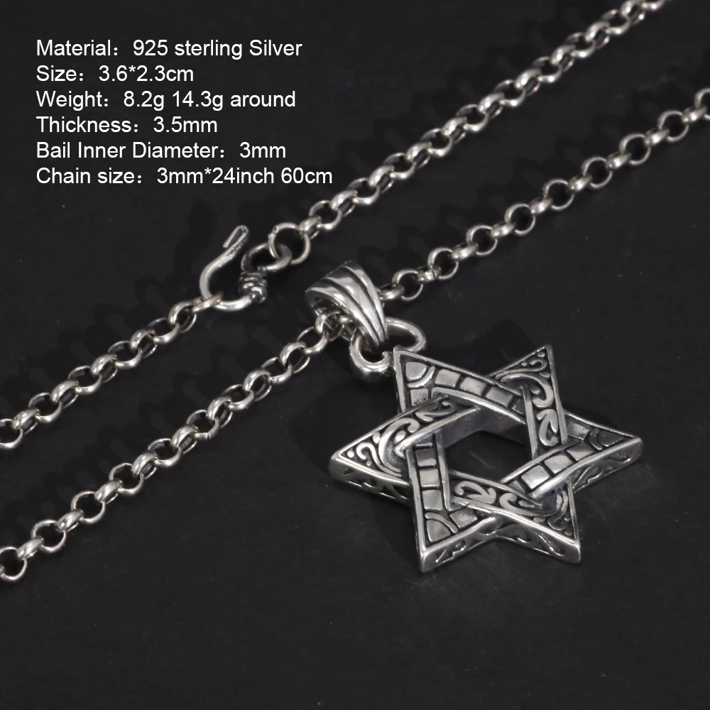 Real 925 Sterling Silver Star of David Men's Pendant Six Pointed Religious Amulet Symbol Necklace Fine Jewelry