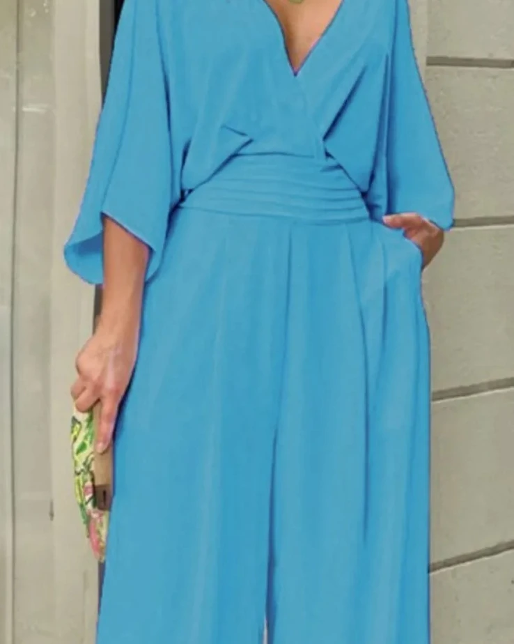 بدلة قفز بخصر على شكل حرف V للنساء لربيع الخريف أنيقة بلون سادة بدلة قفز جديدة فضفاضة غير رسمية للسيدات #5