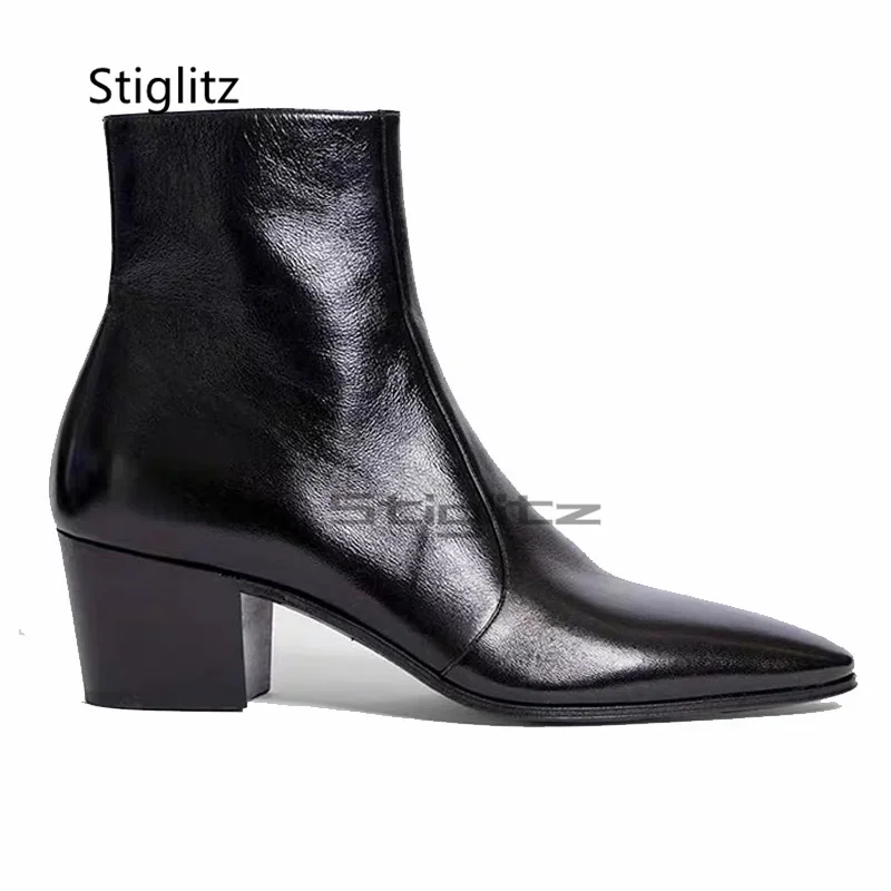 Black Genuine Leather Men's Chelsea Boots High Heels Pointed Toe Side Zip Ankle Boots Western Shoes Business High Quality Boots