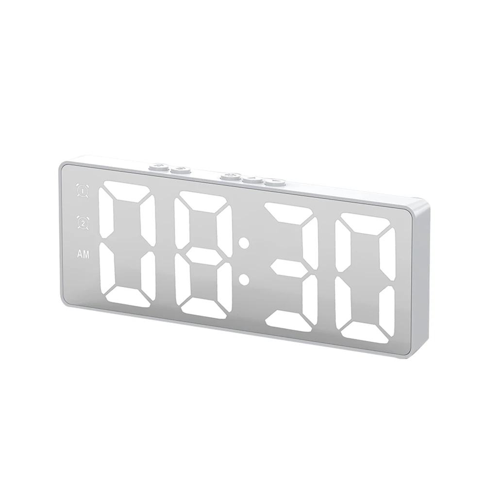 LED Mirror Dual Setting Gift Alarm Clock Nordic Bedroom Table USB Port Students Office Digital Electronic Voice Control Mute