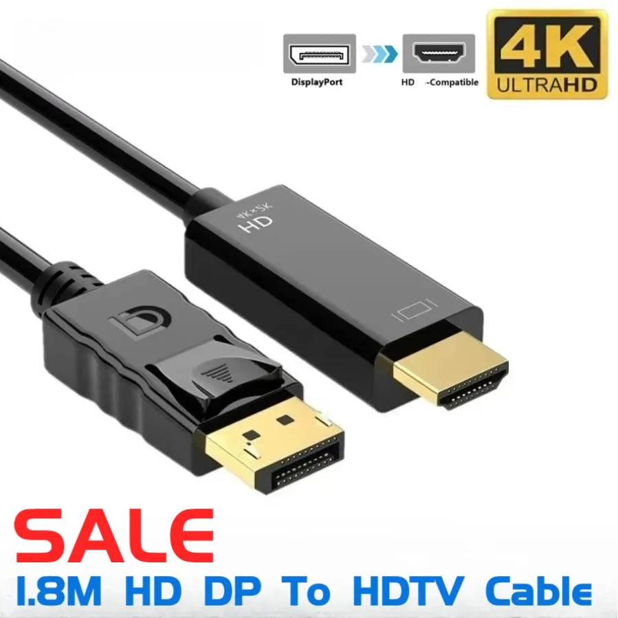 4K 1.8m HD DP to HDMI-Compatible Cable DisplayPort To HDTV Video Audio Cable Adapter for Computer Laptop TV Projector Monitor