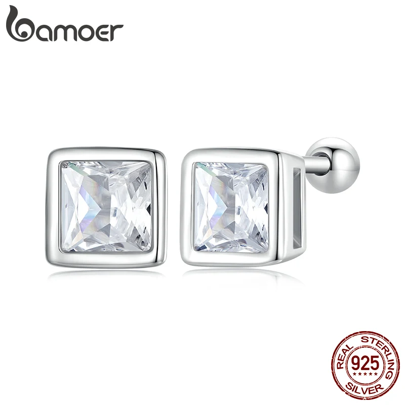 BAMOER Platinum Plated Princess Cut Clear Cubic Zirconia 925 Sterling Silver Stud Earring Fashion Jewellry