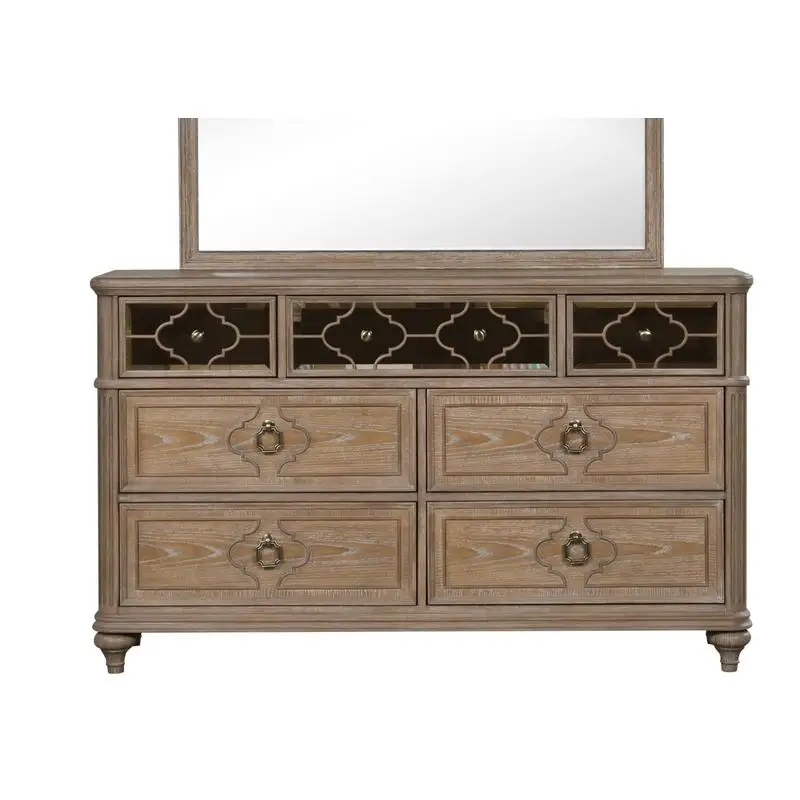 

Contemporary 1pc Dresser Rustic Oak Veneer Solid Wood English Dovetail Drawers Bedroom Furniture with Mirror Panel