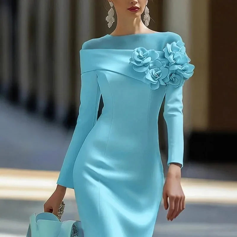 Moda 3d flor slash neck manga longa vestido de noite mulher elegante emendado malha magro bodycon vestido novo outono sólido sexy vestido