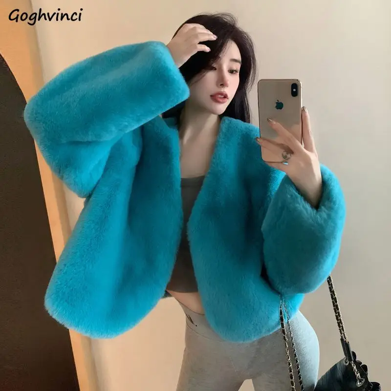 

Jackets for Women Loose Plushy Warm Coat Temper Thick Cozy Ulzzang Fashion V-neck Clothes Gentle Ladies Streetwear Simple Winter