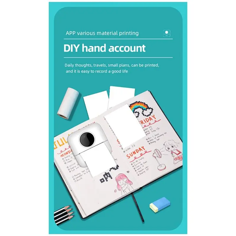 【lucky】 X5 Portable Mini Wireless Thermal Pocket Printer Sticker Printer for DIY/Note with 10 Rolls Thermal Paper And Sticker-A