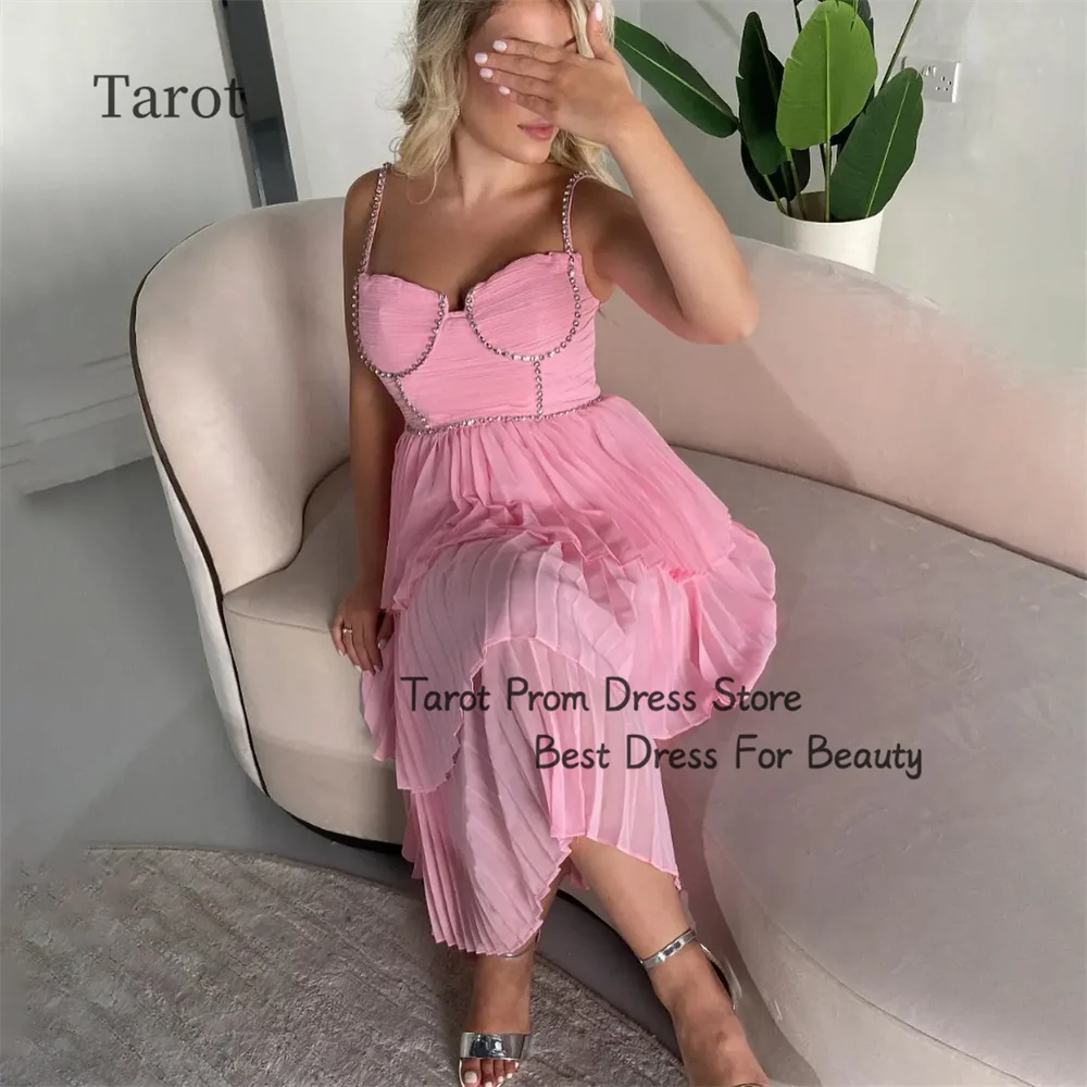 

Tarot A Line Sweetheart Prom Dresses Chiffon Beading Spaghetti Staps Elegant Evening Dress Ankle Length Back Strap Holiday Gonws