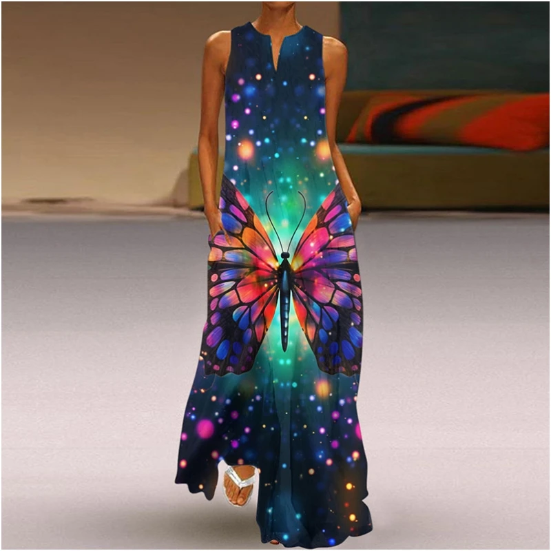 2024new summer women\'s pullover sleeveless long skirt V-neck printed dress elegant and personalized street commuting temperament