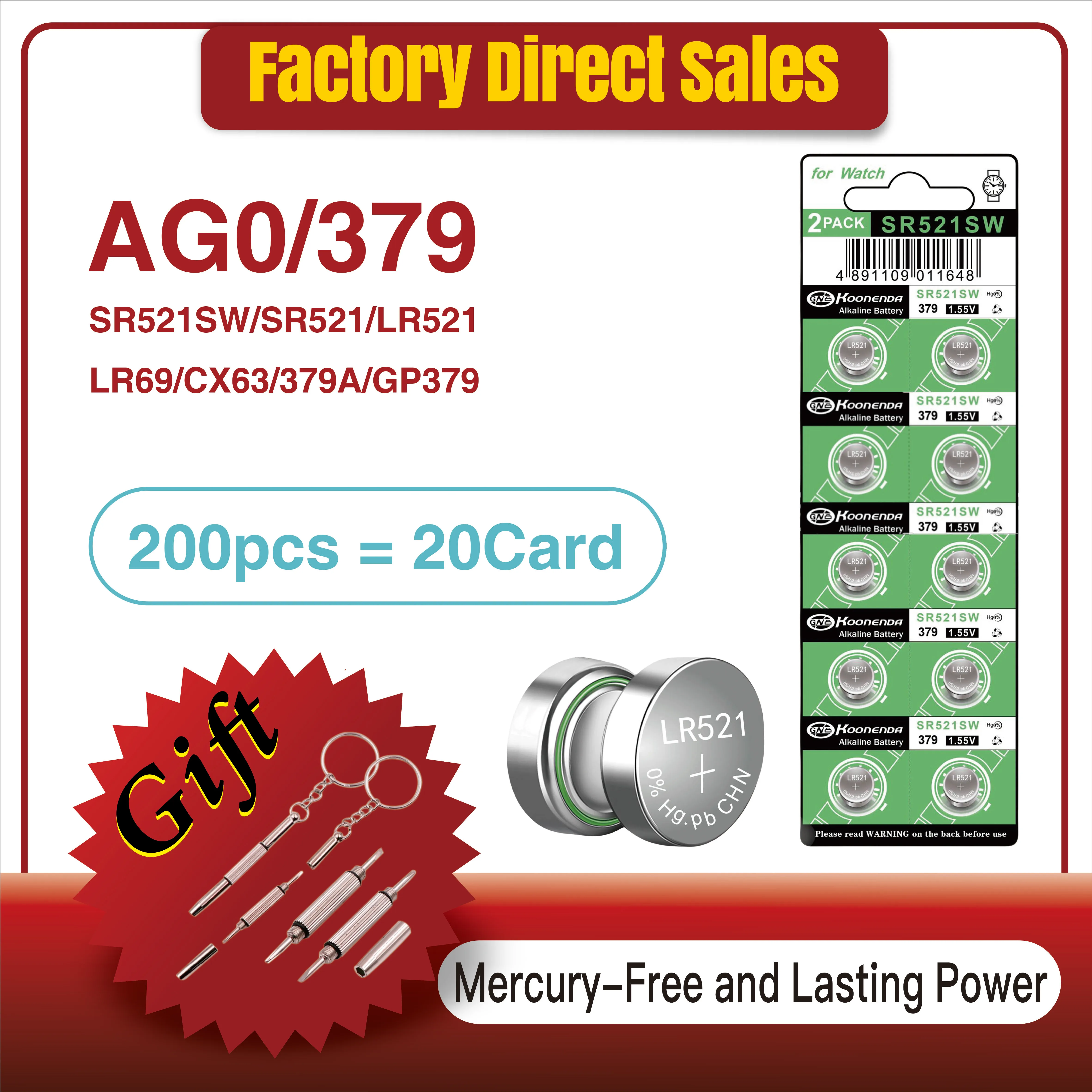 

200PCS AG0 LR521 Batteries LR63 SR521 SR521S SR521SW SR63 379 1.55V Alkaline Button Cell Battery for Calculators Watches etc