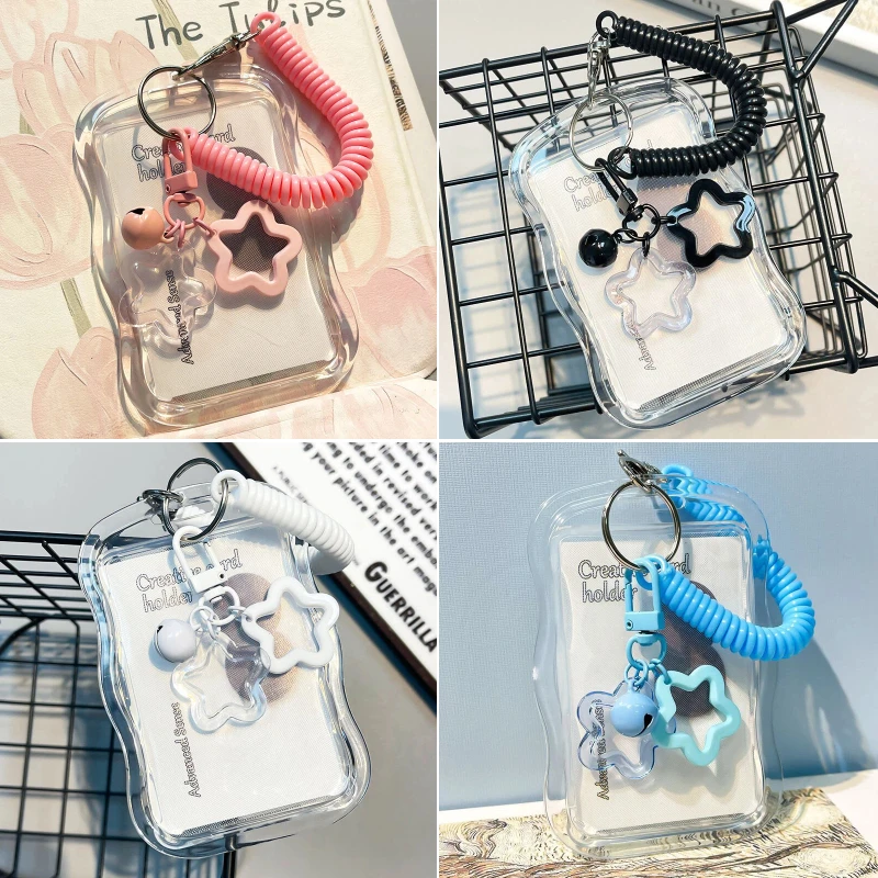 Transparent Photocard Holder 3 Inch Kpop Soft Silicone Kpop Holder With Star Keychain ID Cards Protective Case Spring Rope
