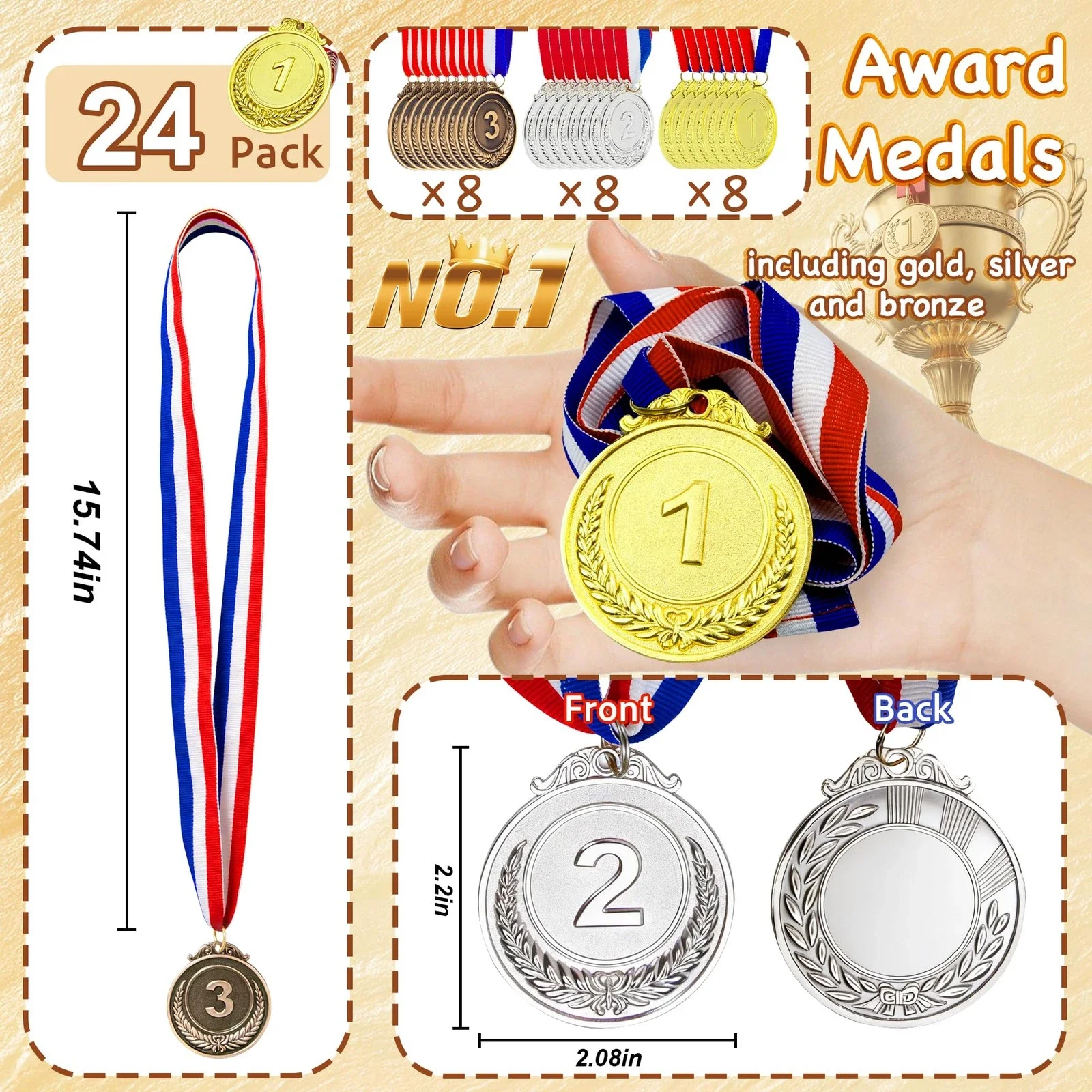 24pcs 1st 2nd 3rd Place Winner Medals Zinc Alloy Gold Silver Bronze Medal Sports Day Basketball Classroom Tournament Party Award