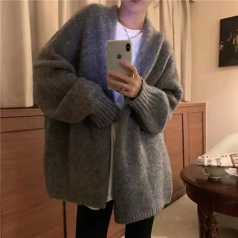 Women Sweaters Autumn Trendy Loose Casual Korean Style Cozy Long Sleeve Basic Simple All-match Pure Color Streetwear Cardigan