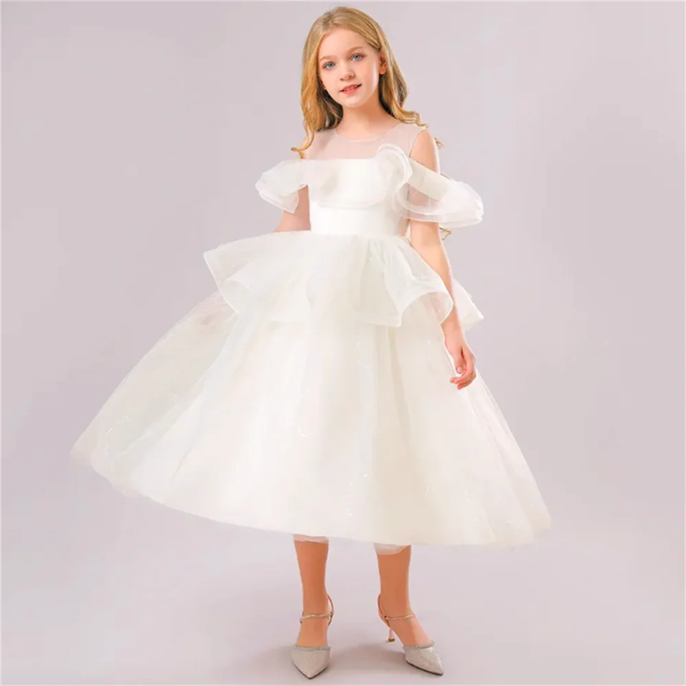 Stylish Fluffy Tulle Lace Layered Flower Girl Dress Princess Ball First Communion Dresses Kids Surprise Birthday Present