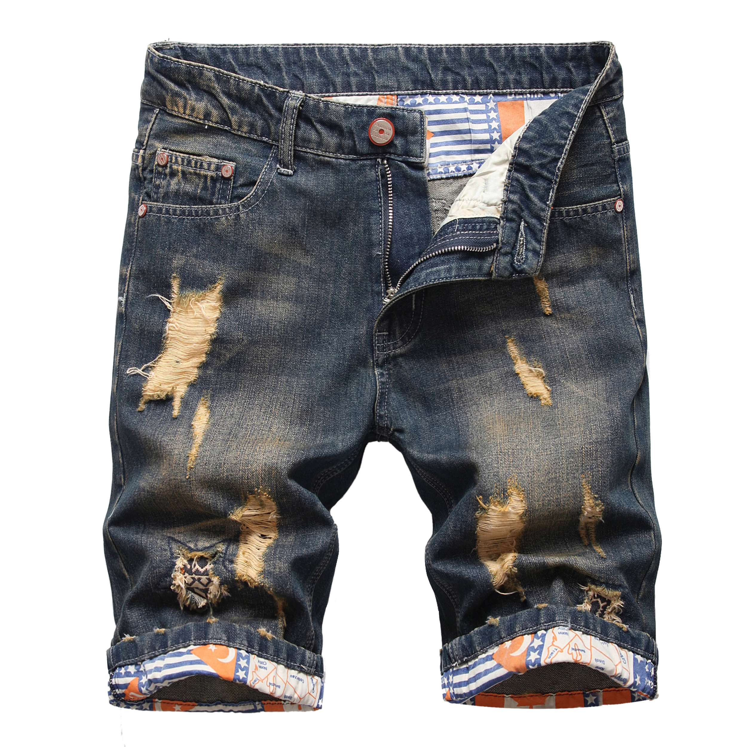 Hip Hop Ripped Men\'s Fashion Denim Shorts Blue New Style Stretch Straight Personalized Retro Nostalgic Trendy Pants Jeans Shorts