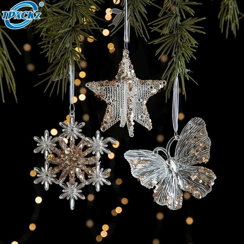 1Pcs Christmas Acrylic Pendant Transparent Snowflake Pendant Christmas Tree Scene Decoration Sequin Decoration