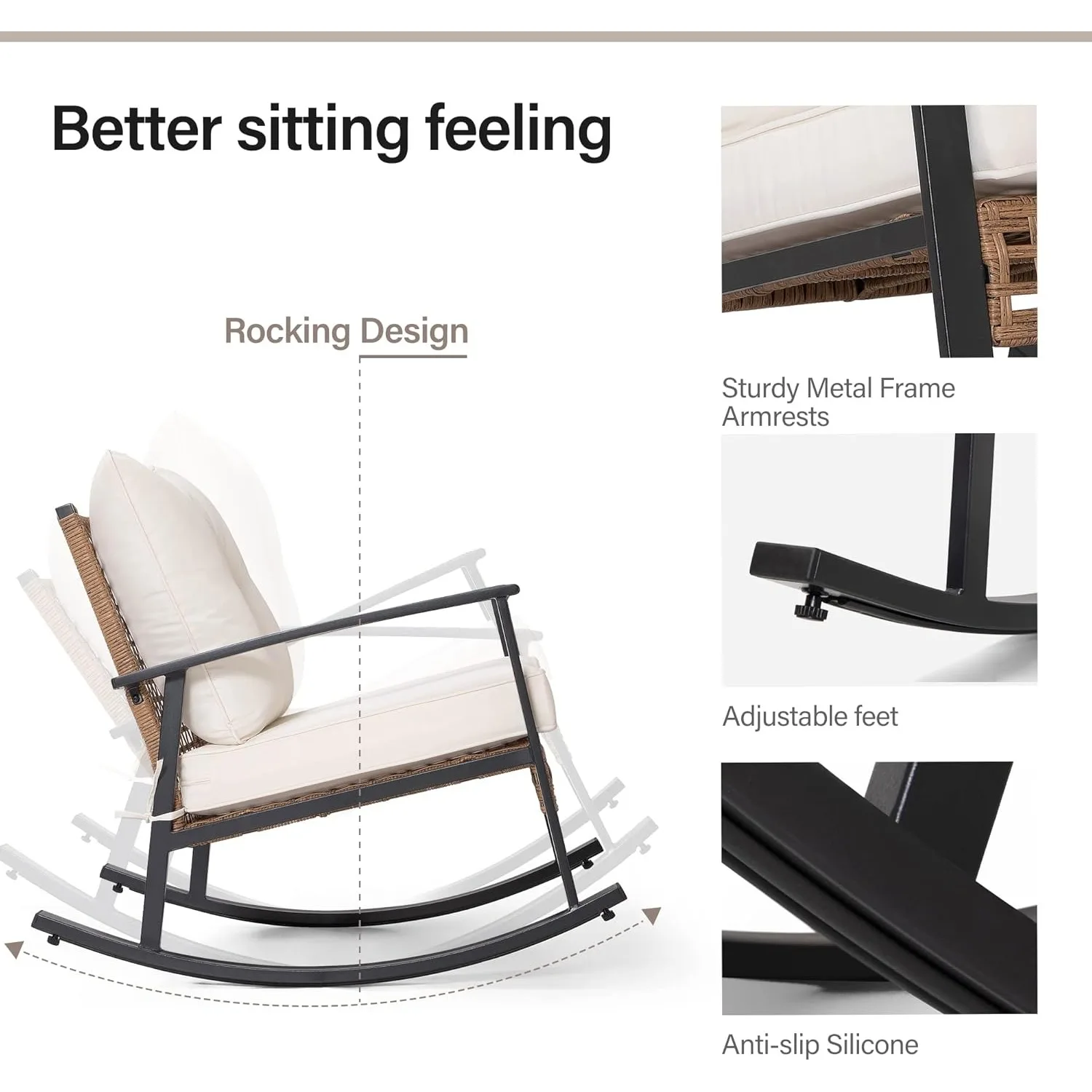 طقم بيسترو هزاز مكون من 3 قطع، طقم أثاث للفناء الخارجي مع وسائد سميكة وطاولة قهوة من طبقتين (بيج)