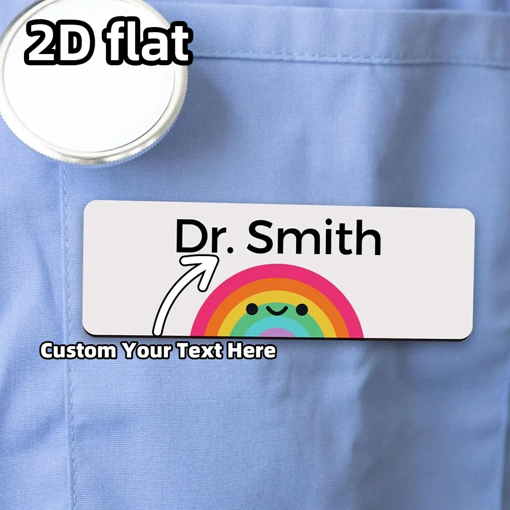 Custom Rainbow Name Badges, Personalized Cute Cartoon Job ID Tags with Pin or Magnet Backing, Ideal for Students, Nurses