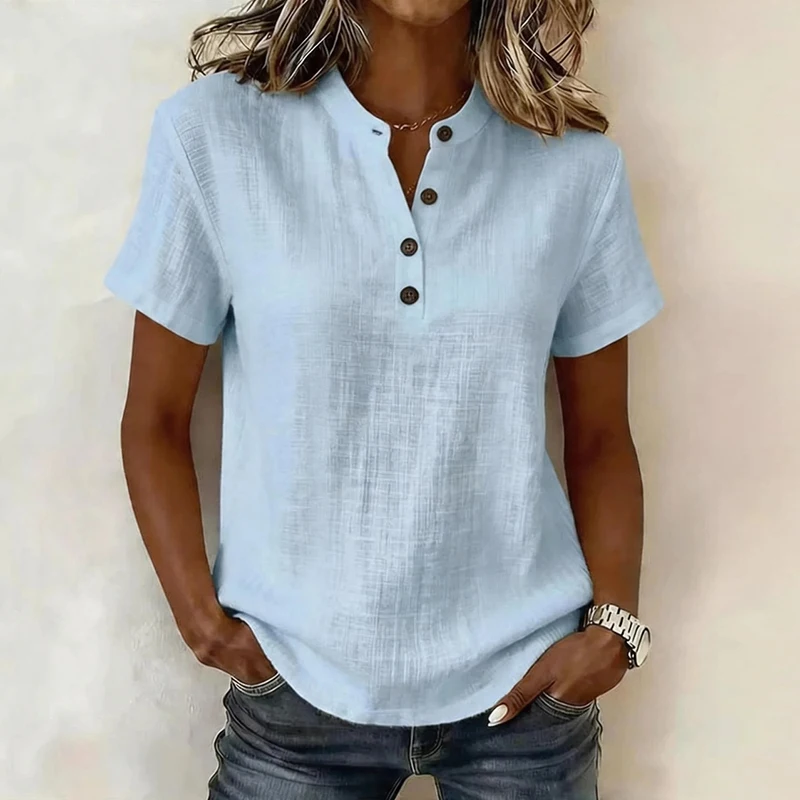 Summer Short Sleeve Basic Blouses Women's Shirts Solid Color V Neck Button Shirts Women Casual Cotton Linen Loose Tops Pullover - view 4