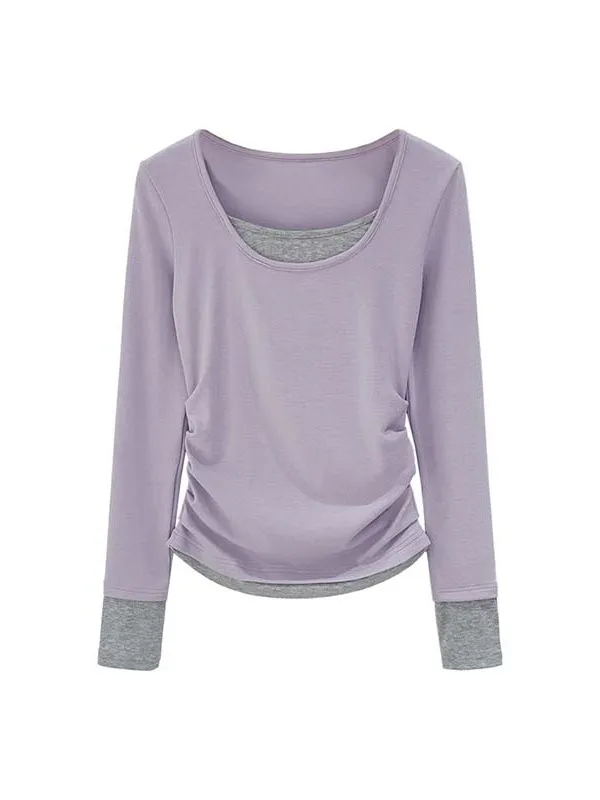 Early Spring Purple Splice Long Sve Women's Base irt Small Size Simple Yet Special Feeling  T-irt Commute Sle